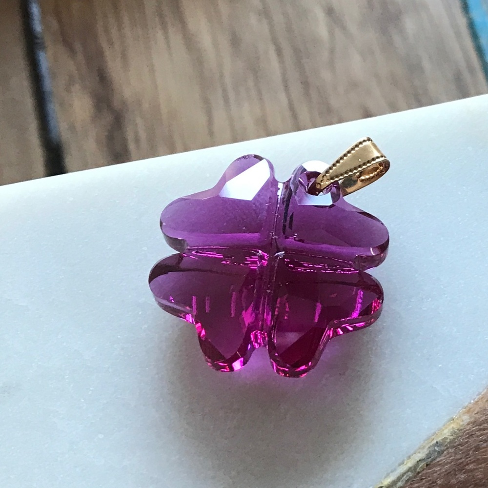 Pink/magenta clover Swarovski crystal pendant